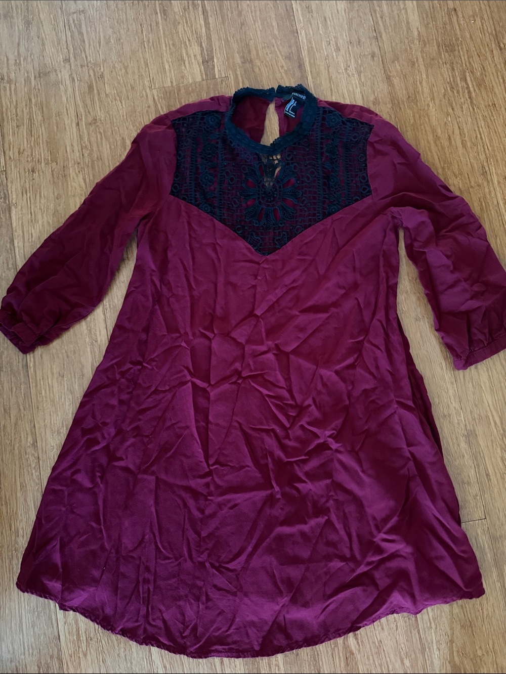 Forever 21 Burgundy Mini Dress with Black Lace Yoke